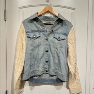 Denim Jacket with Cream Knit Sleeves